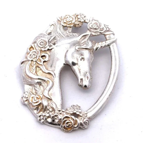 Estate 925 Sterling Silver Unicorn Whimsical Fantasy Oval Statement Pendant